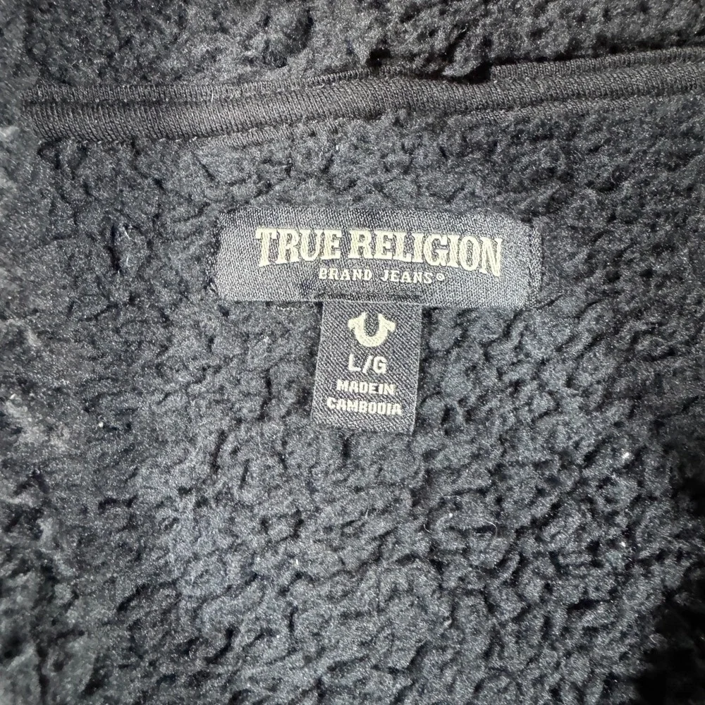 True Religion Mens Black Sherpa Lined Full Zip Hoodie Buddha Guitar Large L